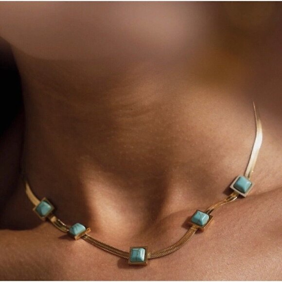 Gold Plated turquoise Herringbone necklace Snake Womens Jewelry Fishbone - Picture 8 of 12